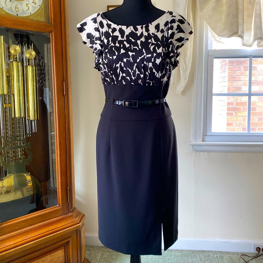 WHBM White and Black Belted MIDI Dress